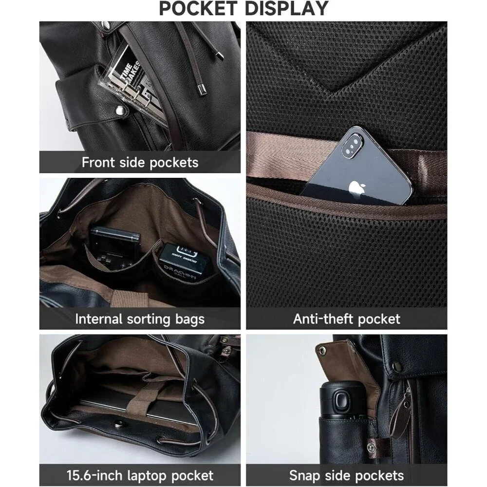 Black Laptop Travel Backpack PU Leather Water-Resistant Casual Laptop Backpack